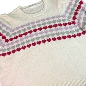 Womens 2X Cream Heart Knit Sweater Puff Sleeve Crew Neck Pullover Valentine's